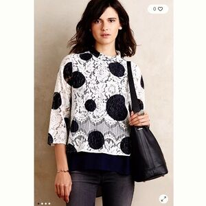 HD in Paris Anthropologie Blue and Cream Polka Dot Lace Blouse Size 2